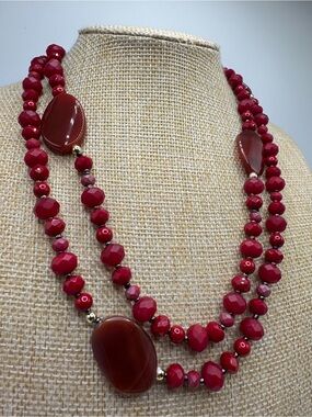 Bohemian Long Red Beaded Necklace - Continuous Design